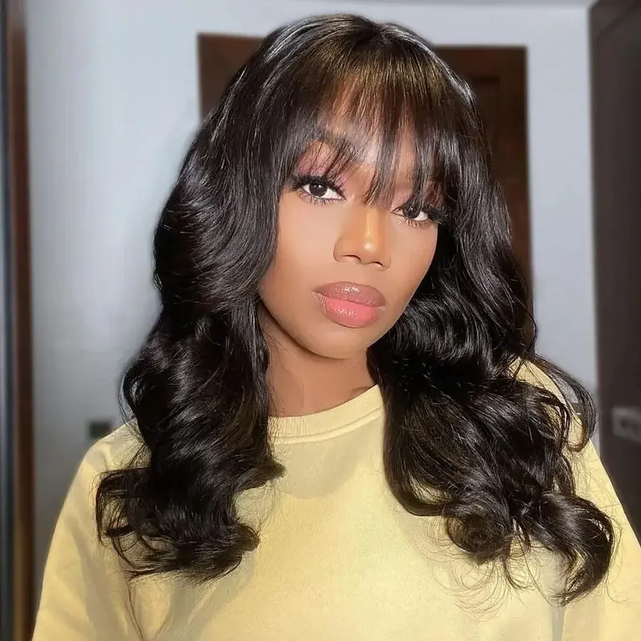 30 inches Body Wave Human Hair Wigs With Bangs Short Bob Wig 180% Density Brazilian Fringe Remy Full Machine Made Wig For Women