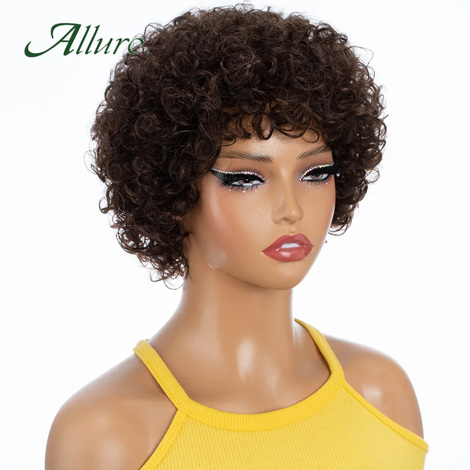 Short Pixie Afro Kinky Curly Wigs for Black Women Glueless Natural Brown Bob Wig With Bangs Brazilian Human Hair Wigs Allure