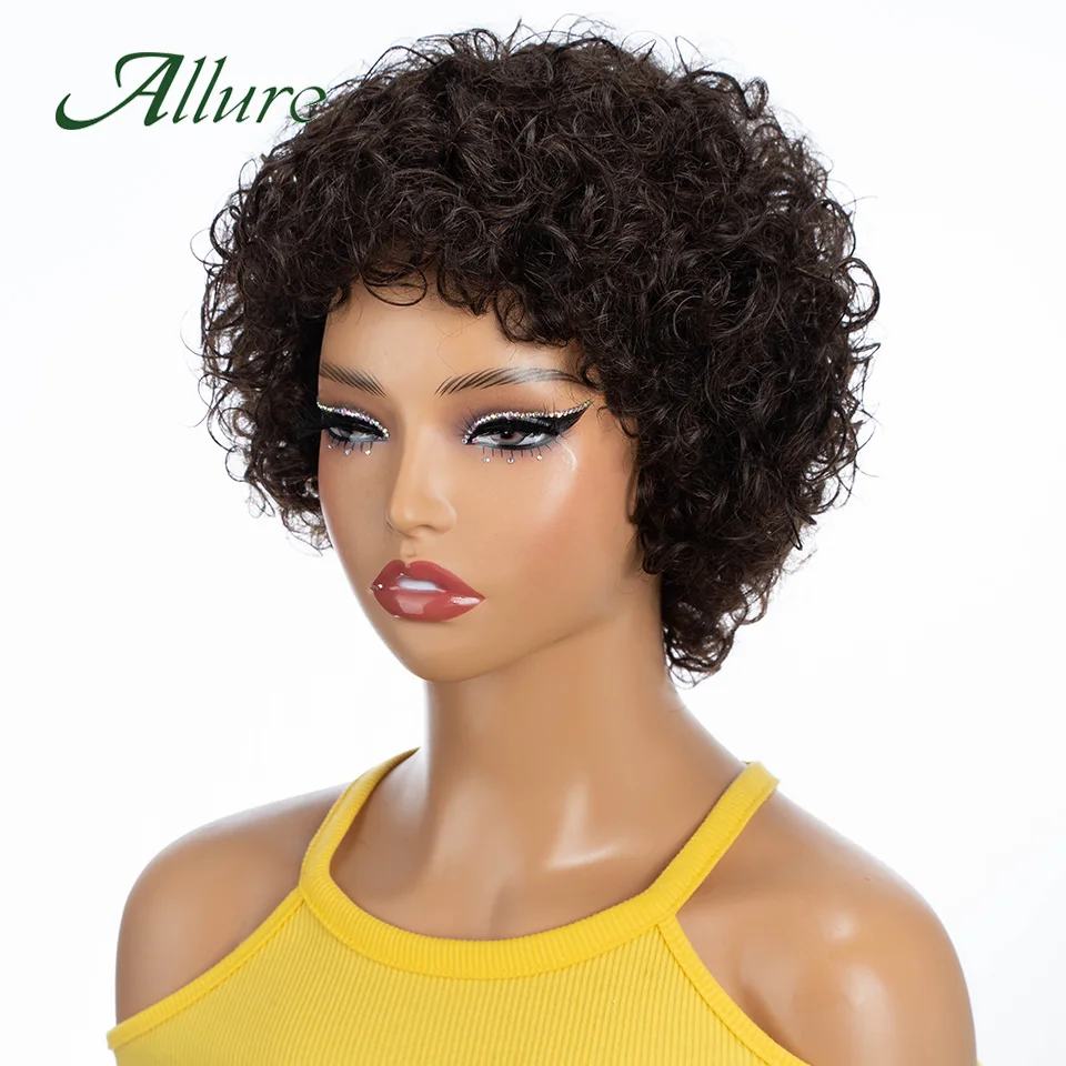 Short Pixie Afro Kinky Curly Wigs for Black Women Glueless Natural Brown Bob Wig With Bangs Brazilian Human Hair Wigs Allure