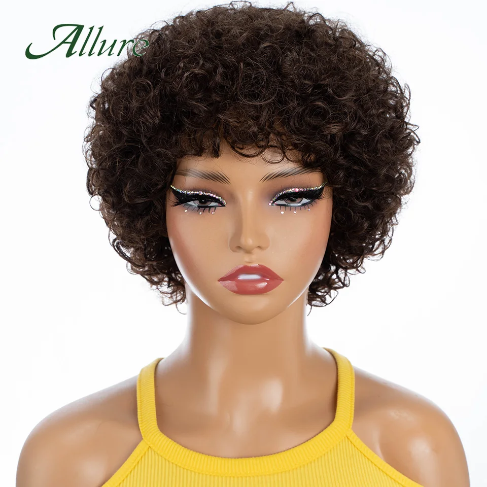 Short Pixie Afro Kinky Curly Wigs for Black Women Glueless Natural Brown Bob Wig With Bangs Brazilian Human Hair Wigs Allure