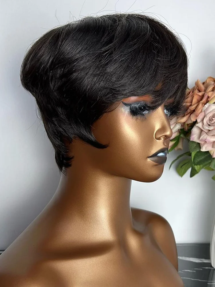 Short Human Hair Wigs Pixie Cut Straight perruque bresillienne for Black Women Machine Made Wigs With Bangs Cheap Glueless Wig