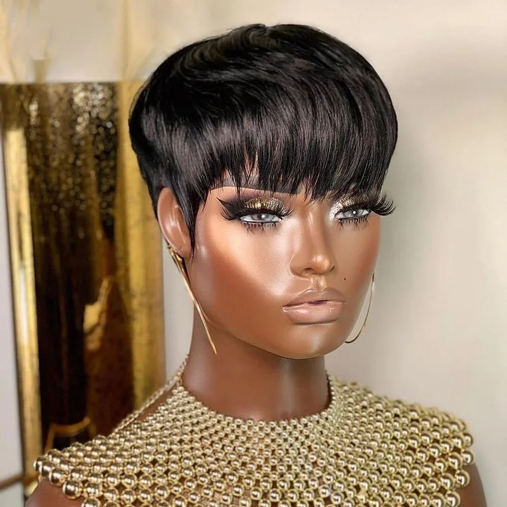 Short Human Hair Wigs Pixie Cut Straight perruque bresillienne for Black Women Machine Made Wigs With Bangs Cheap Glueless Wig