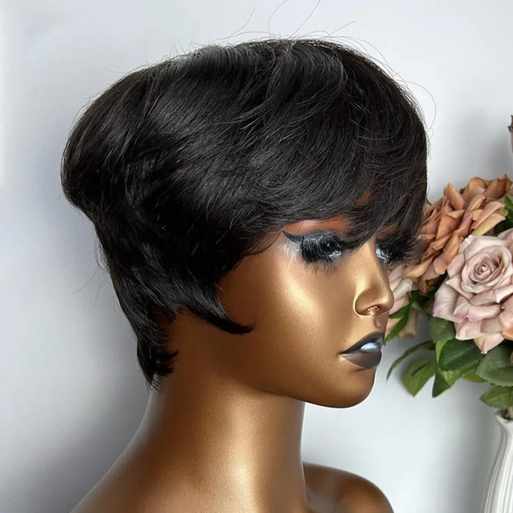 Short Human Hair Wigs Pixie Cut Straight perruque bresillienne for Black Women Machine Made Wigs With Bangs Cheap Glueless Wig