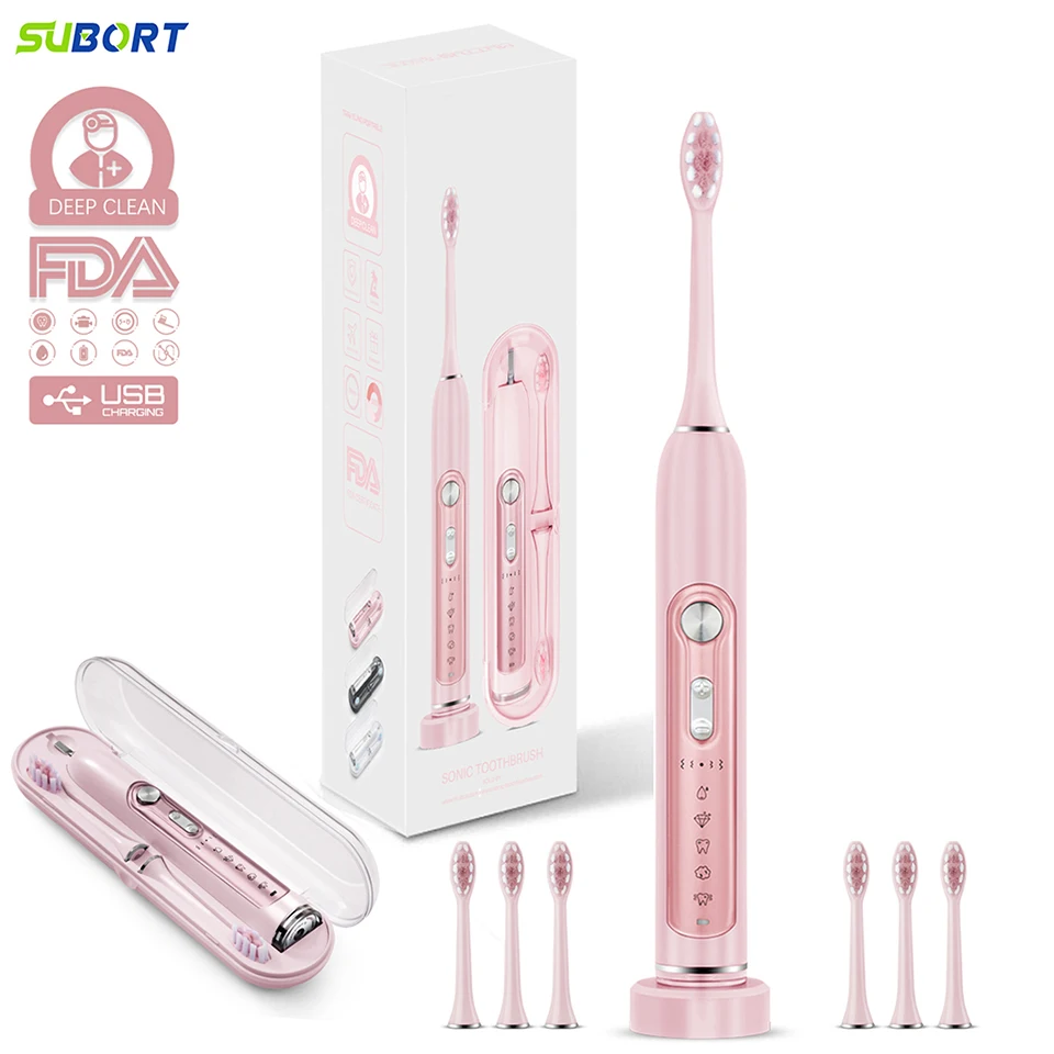 SUBORT Super Sonic Electric Toothbrushes for Adults Kid Smart Timer Whitening Toothbrush IPX7 Waterproof Replaceable Heads Set