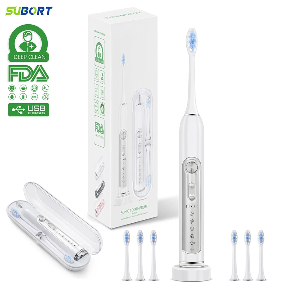 SUBORT Super Sonic Electric Toothbrushes for Adults Kid Smart Timer Whitening Toothbrush IPX7 Waterproof Replaceable Heads Set