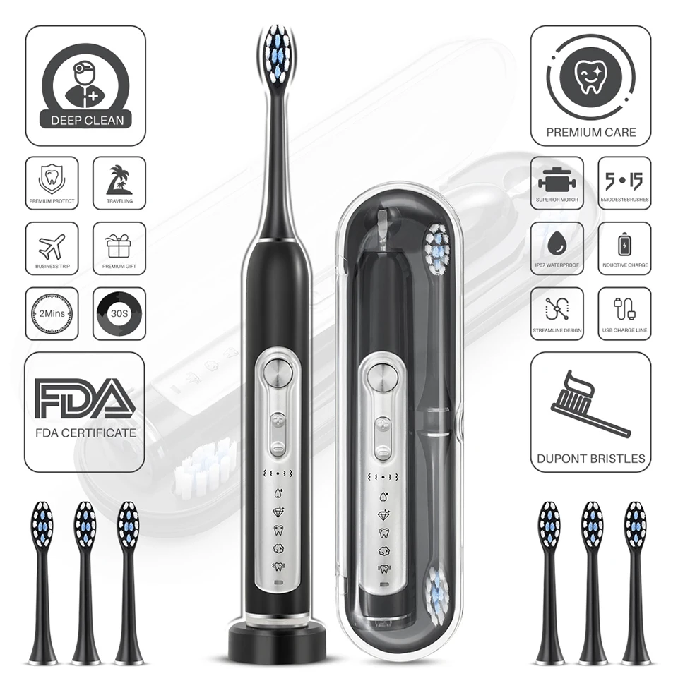 SUBORT Super Sonic Electric Toothbrushes for Adults Kid Smart Timer Whitening Toothbrush IPX7 Waterproof Replaceable Heads Set