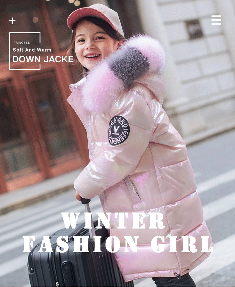 Keep Warm Winter Jacket For Girls Coat Fashion Waterproof Shiny Hooded Children Outerwear Clothing 5-14 Years Teenage Kids Parka