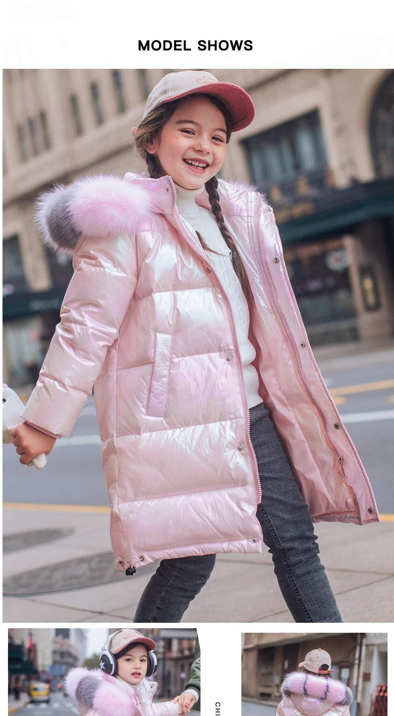 Keep Warm Winter Jacket For Girls Coat Fashion Waterproof Shiny Hooded Children Outerwear Clothing 5-14 Years Teenage Kids Parka