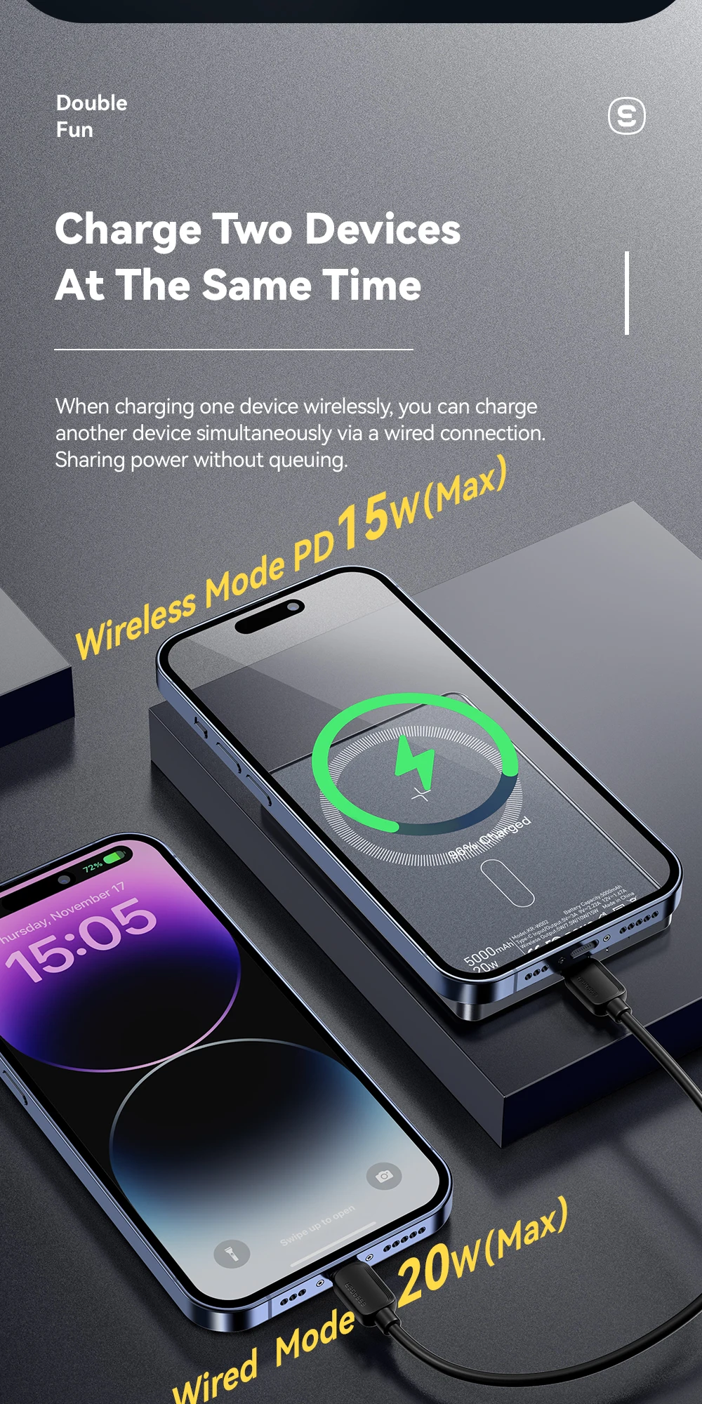 Essager Thin Wireless Power Bank Magnetic 20W 5000mAh Portable Fast Charging External Battery for Magsafe For iPhone 16 15 14 13