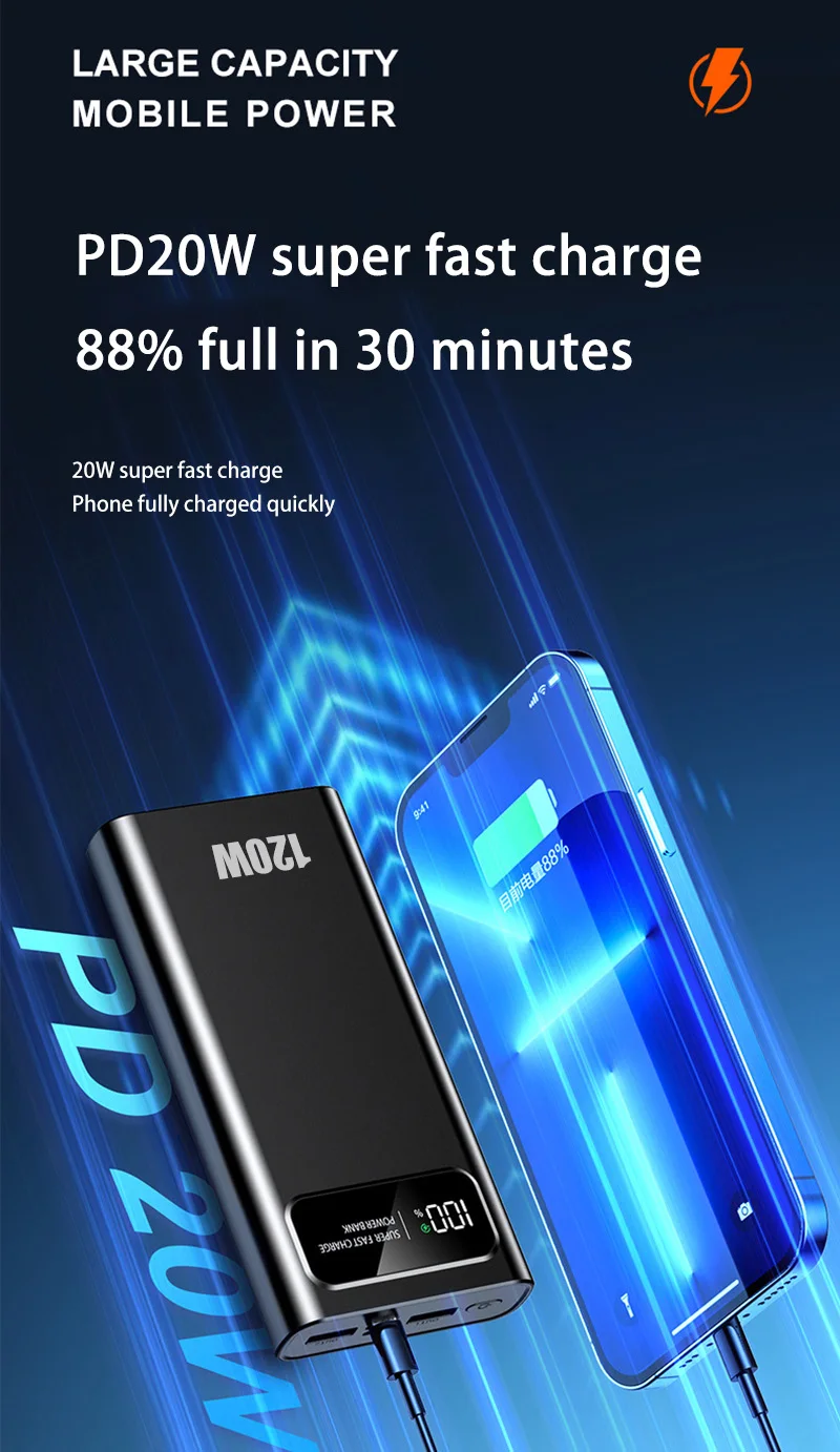 Xiaomi 200000mAh 120W Power Bank Super Fast Charging Battery High Capacity Digital Display Power Bank For iPhone Samsung Huawei