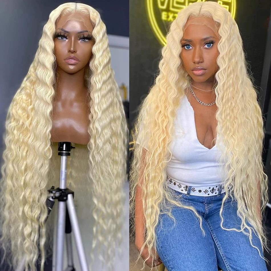 Brazilian deep wave 13x6 hd lace frontal human hair wig for women 30 40 inch 613 honey blonde curly cheap wigs on sale clearance