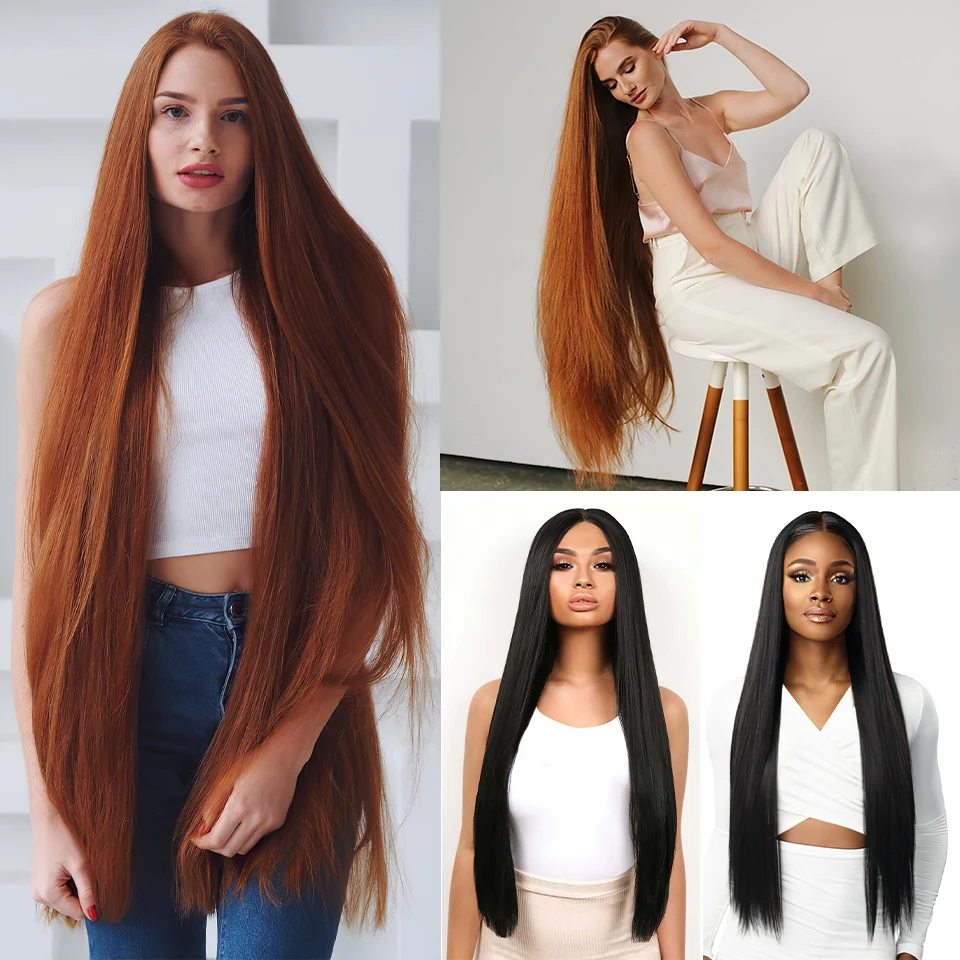 Synthetic 40 Inch Straight Lace Front Wig T-Part 13x4x1 Long Lace Wigs Heat-resistant Fiber Copper Ginger Lace Frontal Wigs