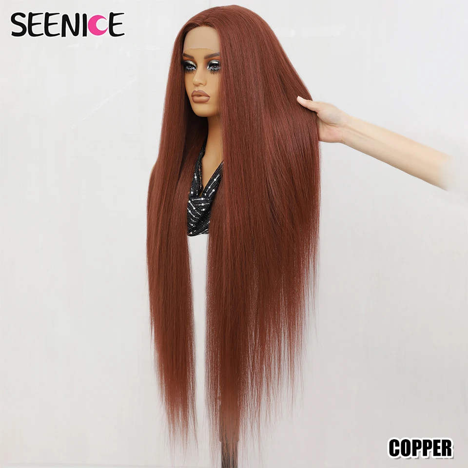 Synthetic 40 Inch Straight Lace Front Wig T-Part 13x4x1 Long Lace Wigs Heat-resistant Fiber Copper Ginger Lace Frontal Wigs