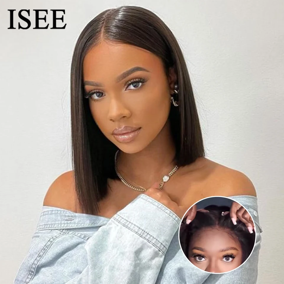 Wear And Go Glueless Human Hair Wig Bob HD Lace Straight Short Bob 4x4 Lace Frontal Pre Plucked Human Wigs Ready To Go ISEE HAIR