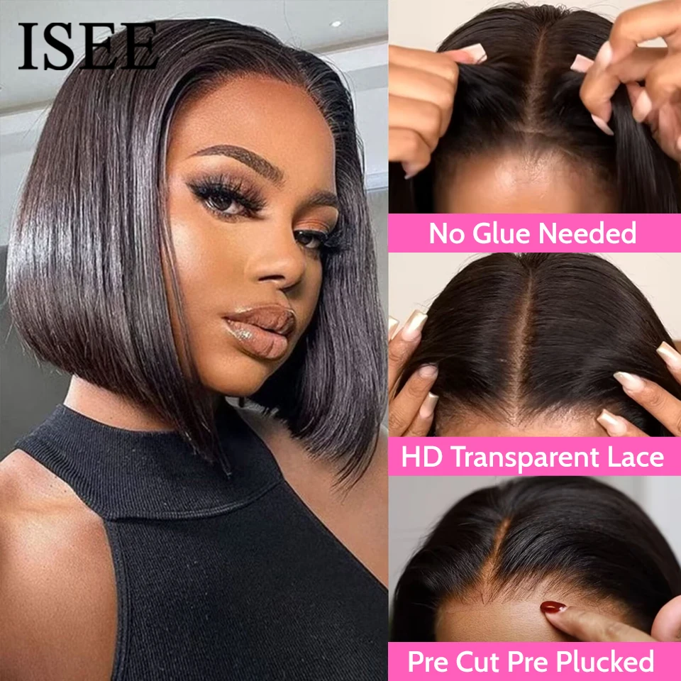 Wear And Go Glueless Human Hair Wig Bob HD Lace Straight Short Bob 4x4 Lace Frontal Pre Plucked Human Wigs Ready To Go ISEE HAIR